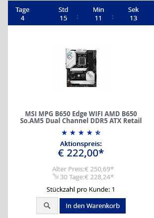 MSI MPG B650 Edge WIFI ATX Mainboard für 230,99€ statt 250,70€