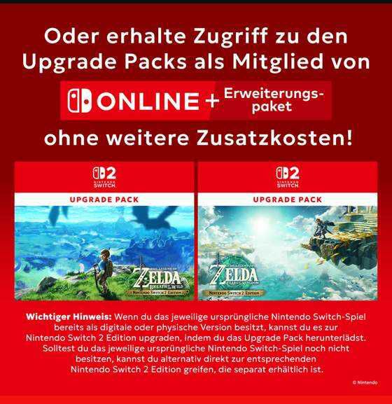 Upgrade Packs für The Legend of Zelda: Breath of the Wild & The Legend of Zelda: Tears of the Kingdom (NSO+ Mitglieder) für Switch KOSTENLOS