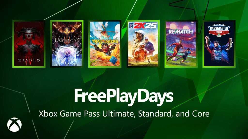 Xbox Free Play Days   Diablo IV, PGA Tour 2K25, Rematch, Dungeons 3, Bassmaster Fishing, Trailmakers