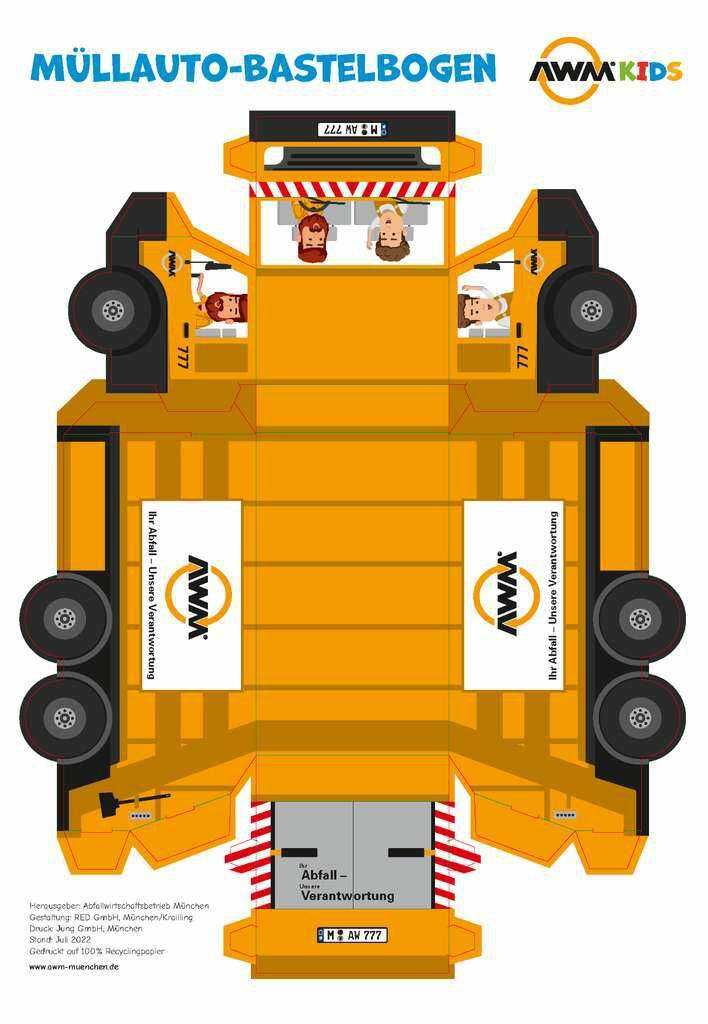 Bastelbogen Müllfahrzeug für Kinder [Wohnsitz München] Gratis incl. Versand