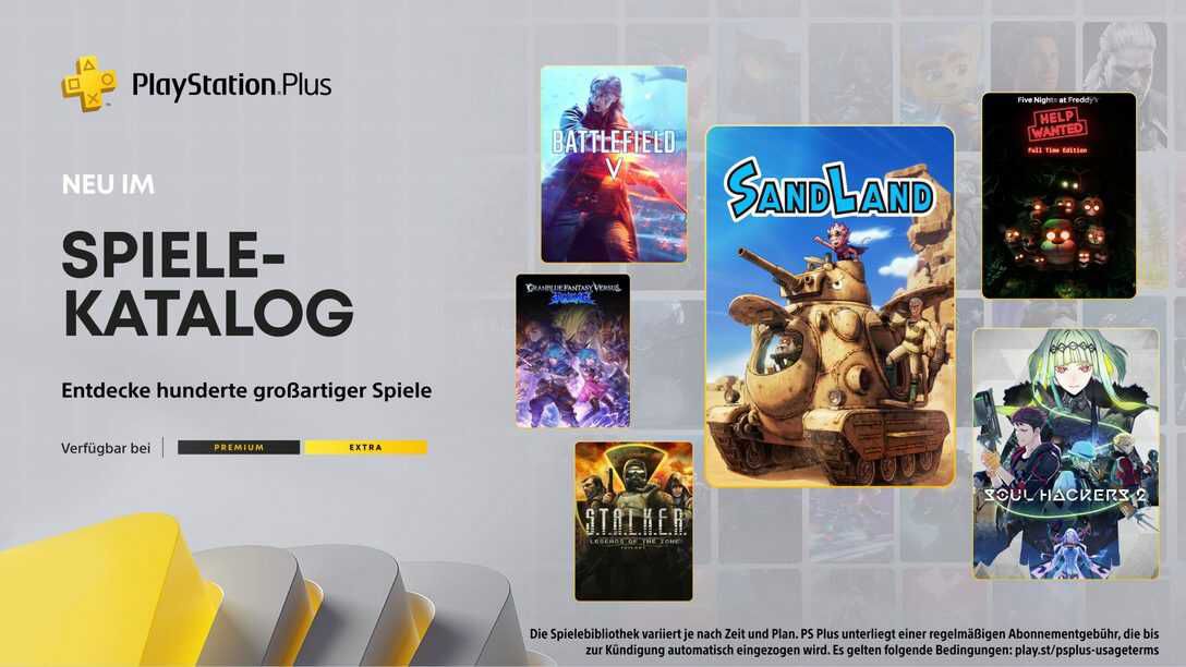 PlayStation Plus Spielekatalog für Mai: Sand Land, Soul Hackers 2, Five Nights at Freddy’s: Help Wanted, Battlefield V und vieles mehr
