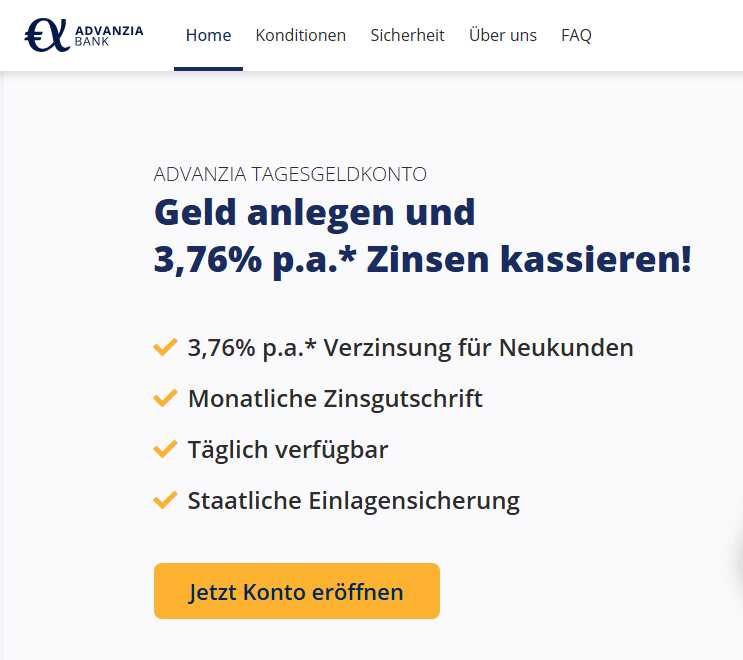Advanzia Tagesgeldkonto Geld anlegen und 3,76% p.a.* Zinsen kassieren! Advanzia Tagesgeldkonto Geld anlegen und 3,76% p.a.* Zinsen kassieren!