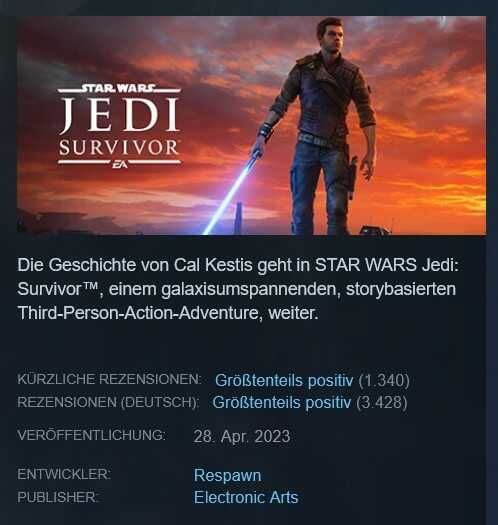 Star Wars Jedi: Survivor   PC (Steam) | Standard Edition für 8,39€ statt 15,41€ | Deluxe Edition für 10,79€ statt 19,95€