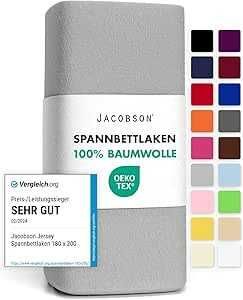 [Prime] Jacobson Jersey Spannbettlaken Spannbetttuch Baumwolle Bettlaken (120x200 cm, Grau), ca. 160g/m²