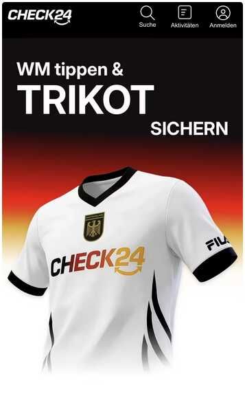 CHECK24 WM Tippspiel | Gratis Deutschland Trikot von FILA sichern | 2 Mio. Stück limitiert, Größen XXS XXXL + 24 Mio. an Gewinnen