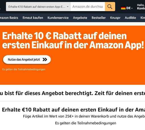 [Amazon] 10€ Rabatt bei 25€ MBW Amazon | Nur für App Erstkäufer