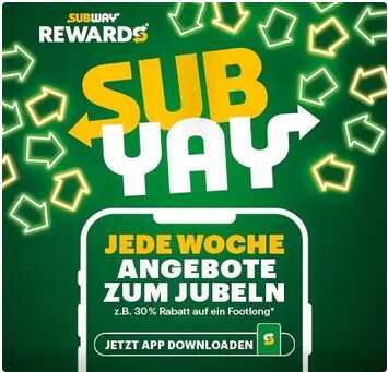 Subway: kostenloses Menü-Upgrade (0,5-Liter-Flasche und ein Cookie) zum Footlong 30 cm Sub oder zur Baked Potato bis 15.09. Subway: kostenloses Menü Upgrade (0,5 Liter Flasche und ein Cookie) zum Footlong 30 cm Sub oder zur Baked Potato bis 15.09.