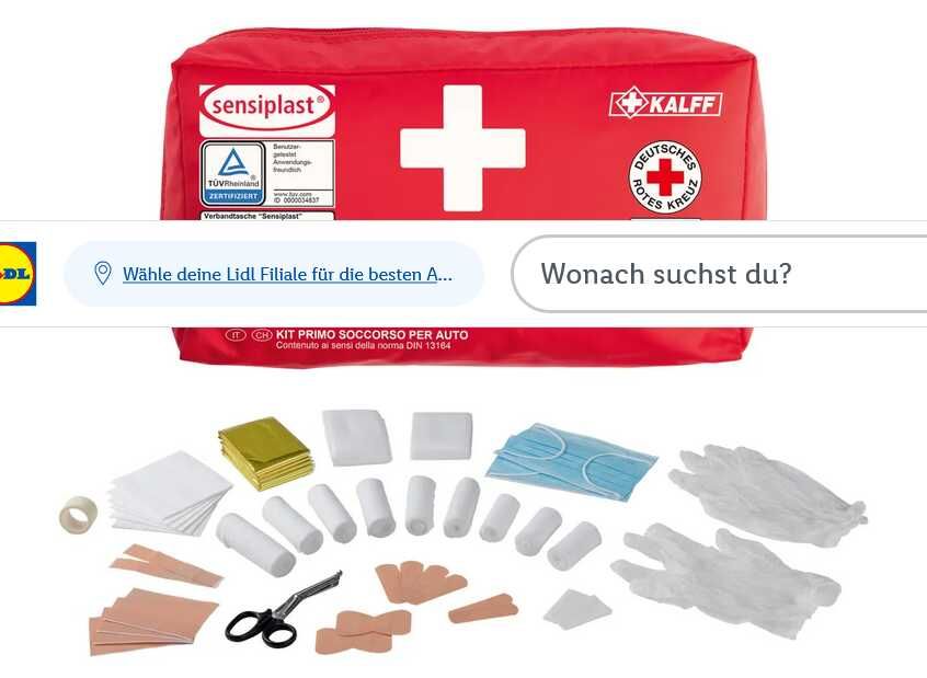 Sensiplast KFZ Verbandtasche DIN 13164:2022, 44 teilig für 3,99 Euro [Lidl]