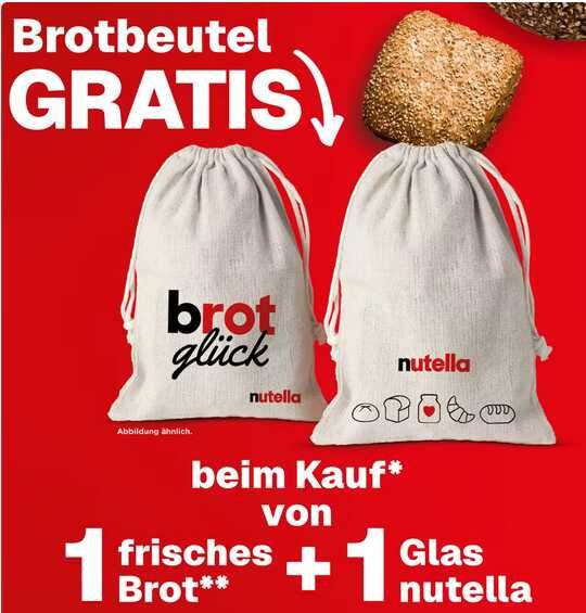Nutella Brotbeutel Gratis bei Kauf von Backwaren/Brot + Glas Nutella | verschiedene Designs Nutella Brotbeutel Gratis bei Kauf von Backwaren/Brot + Glas Nutella | verschiedene Designs