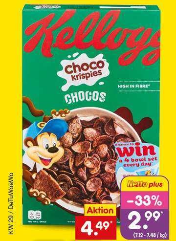 LOKAL [Netto Marken Discount ab 16.07., mit Netto Plus App] Kelloggs Cerealien (z.B. Chocos) für 2,99 €