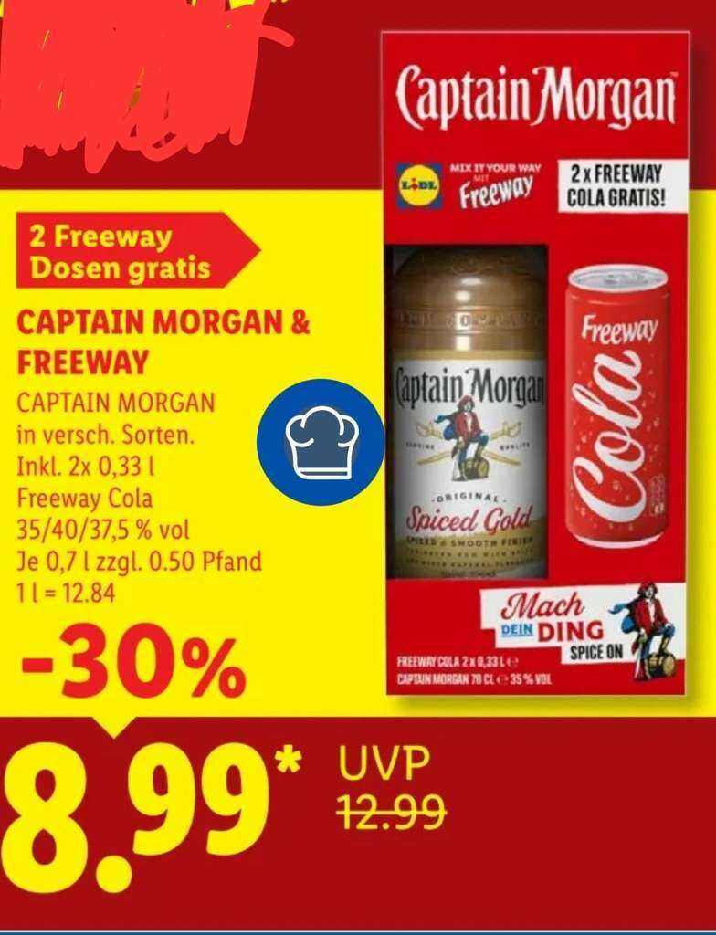 [Lidl] Captain Morgan 0,7l (12,84 €/l) verschiedene Sorten inkl. 2x 0,33 Freeway Cola (zzgl 50 ct Pfand)
