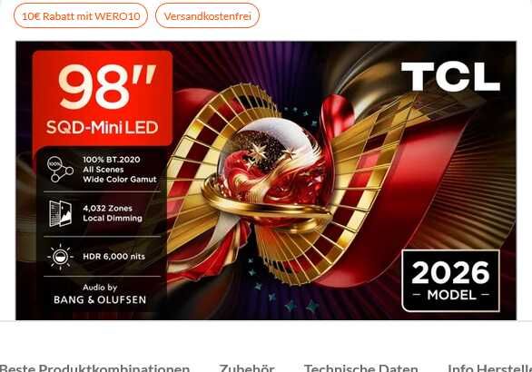 TCL 98C89L SQD Mini LED TV (98 Zoll (240 cm), 4K UHD, HDR, Smart TV 2.689€ statt 2.999€