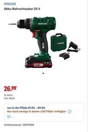 LIDL Offline: PBSSA 20-Li A1 Akku-Bohrschrauber mit Akku und Ladegerät 26,99€ statt 39,99€ LIDL Offline: PBSSA 20 Li A1 Akku Bohrschrauber mit Akku und Ladegerät 26,99€ statt 39,99€