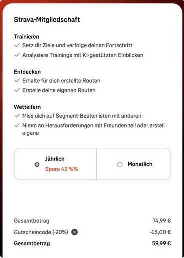 Strava Premium Mitgliedschaft 59,99€ statt 74,99€