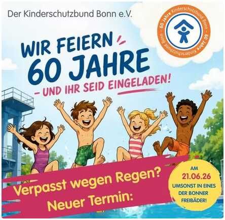 Lokal Bonn: Freier Eintritt in die Freibäder für Kinder, Jugendliche und Familien am 21.06.26 Lokal Bonn: Freier Eintritt in die Freibäder für Kinder, Jugendliche und Familien am 21.06.26