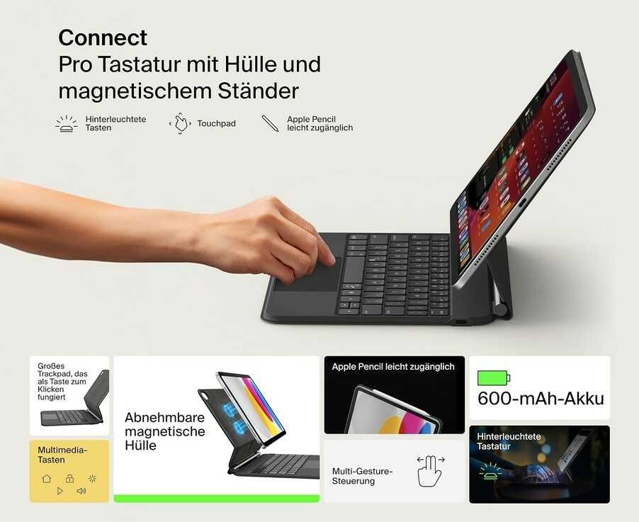 Belkin Connect Pro Tastatur mit Hülle und magnetischem Ständer für iPad, 10,9 (10. Gen.) / iPad 11 (A16) (QWERTZ) für 79,99€ statt 99€