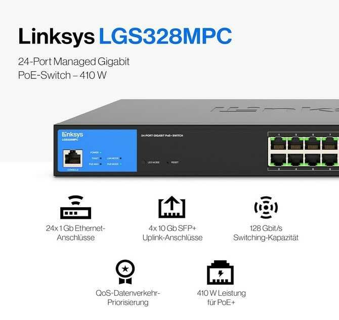 Linksys LGS328MPC 24 Port Managed Gigabit PoE+ Switch mit 4 10G SFP+ Uplinks 410W (TAA konform) für 95,90€ statt 128,84€