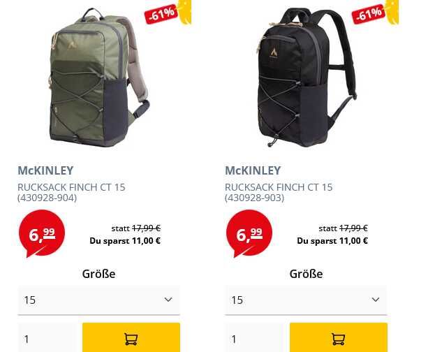 McKinley Rucksack Finch CT 15 L in 2 Farben 11,98€ statt 16,24€