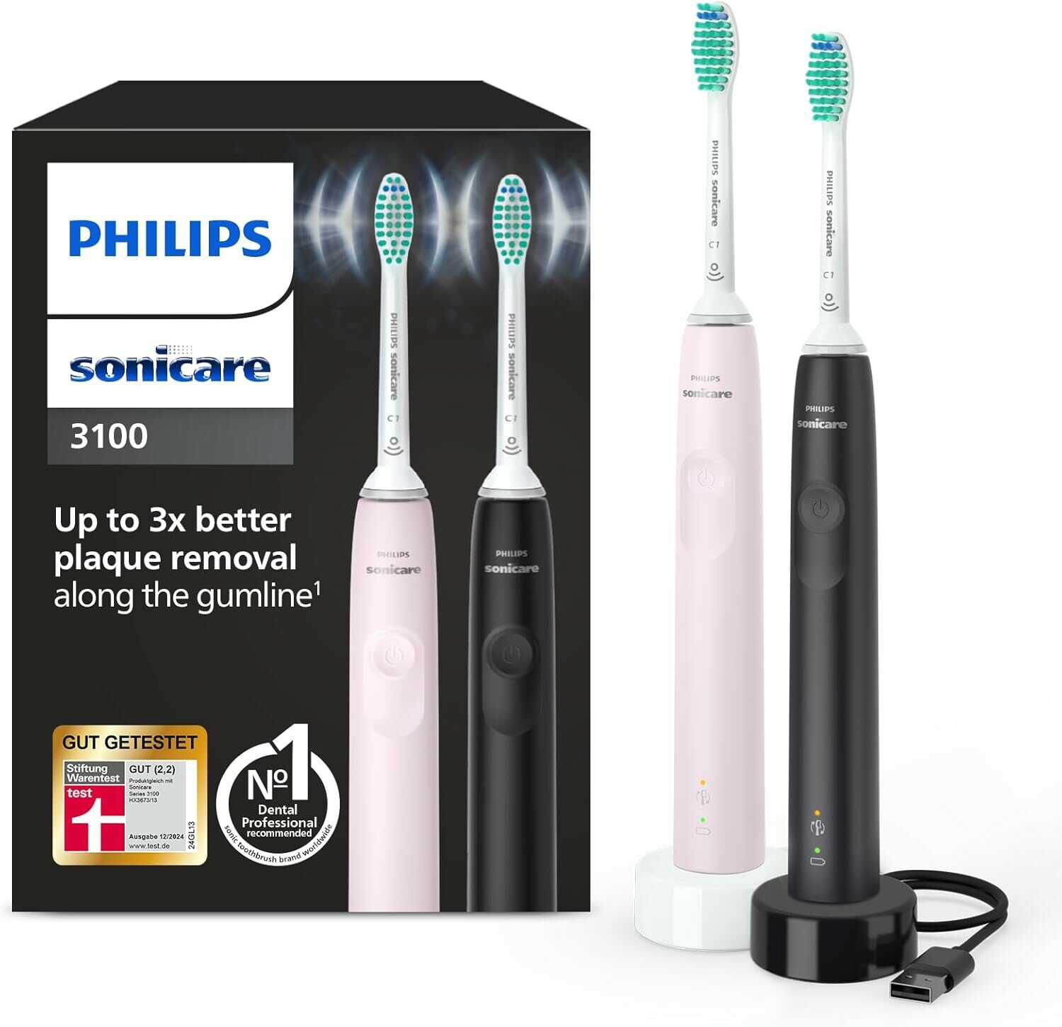 Philips Sonicare 3100 elektrische Zahnbürste, Schallzahnbürste, Andruckkontrolle und Timer, Sugar Rose und Schwarz für 49,99€ PVG 57,78€