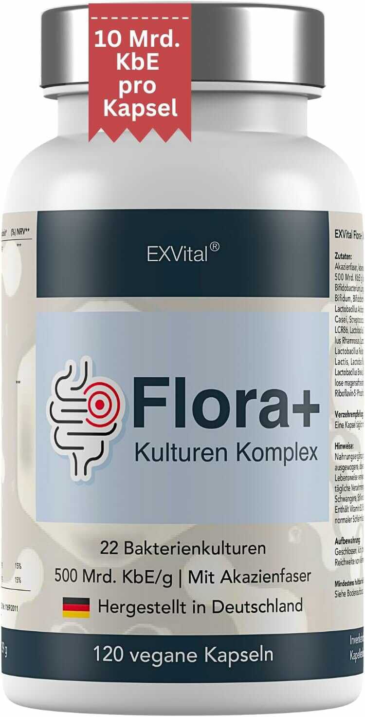 EXVital Flora+ Kulturen Komplex mit 500 Mrd. KBE/g   22 Bakterienkulturen mit Akazienfaser   120 vegane Kapseln