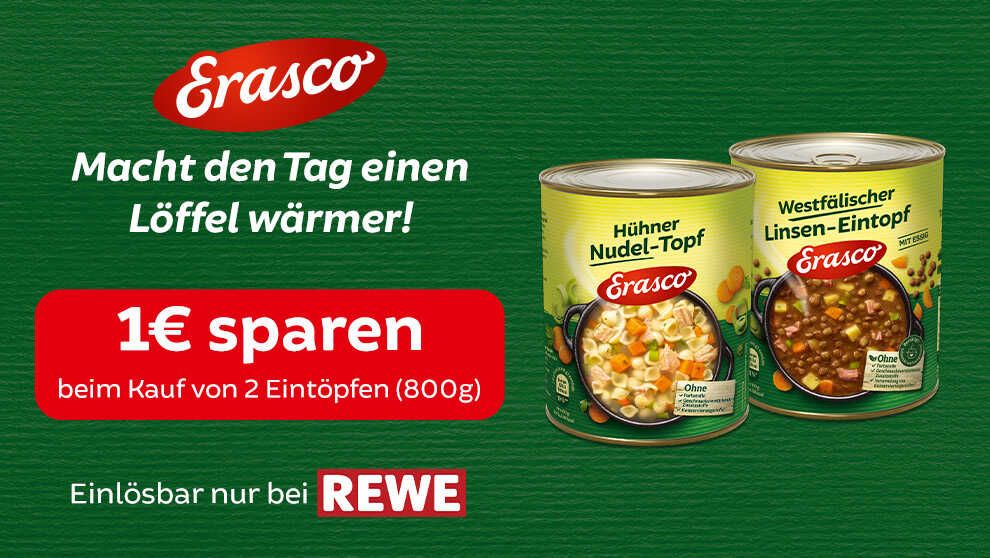 1,00€ Cashback Erasco Eintöpfe 800g 1,00€ Cashback Erasco Eintöpfe 800g