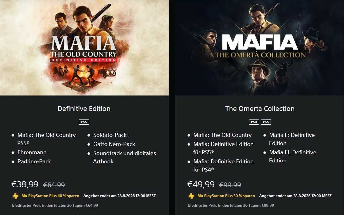 Mafia: The Old Country | (Definitive Edition) für 38,99€ statt 64,99€ | (The Omertà Collection) für 49,99€ statt 99,99€ Mafia: The Old Country | (Definitive Edition) für 38,99€ statt 64,99€ | (The Omertà Collection) für 49,99€ statt 99,99€