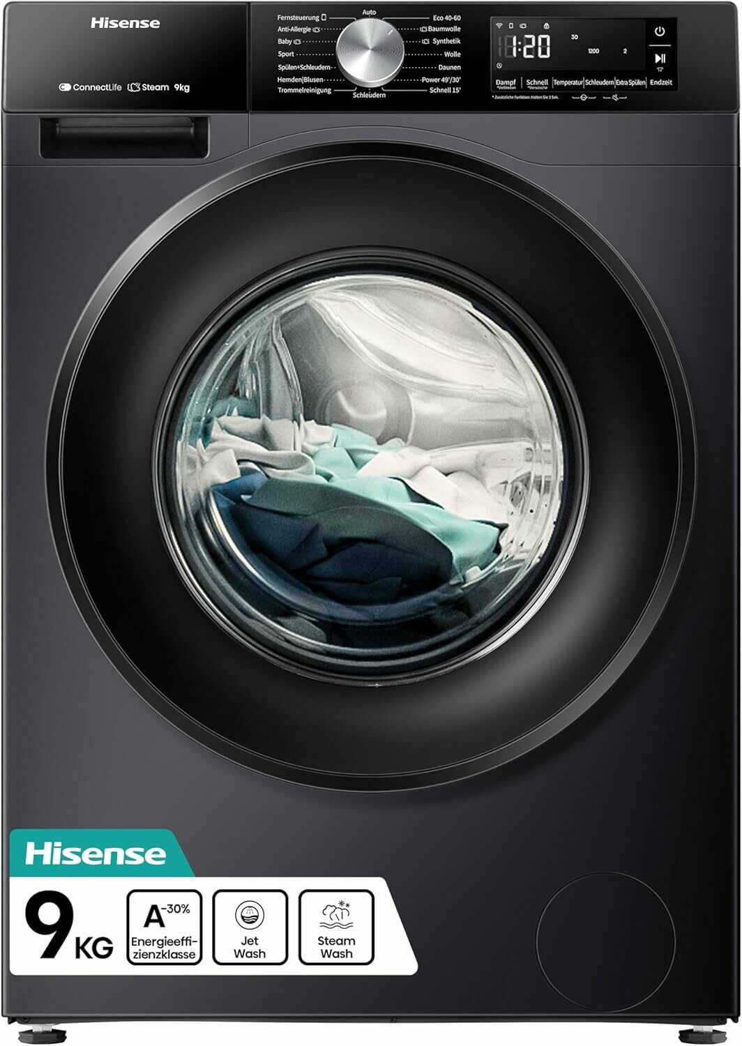 Hisense WF3S9043BB3 Waschmachine mit Dampffunkunktion, 9 kg, 1400 U,min für 388,13€ PVG 764,85€