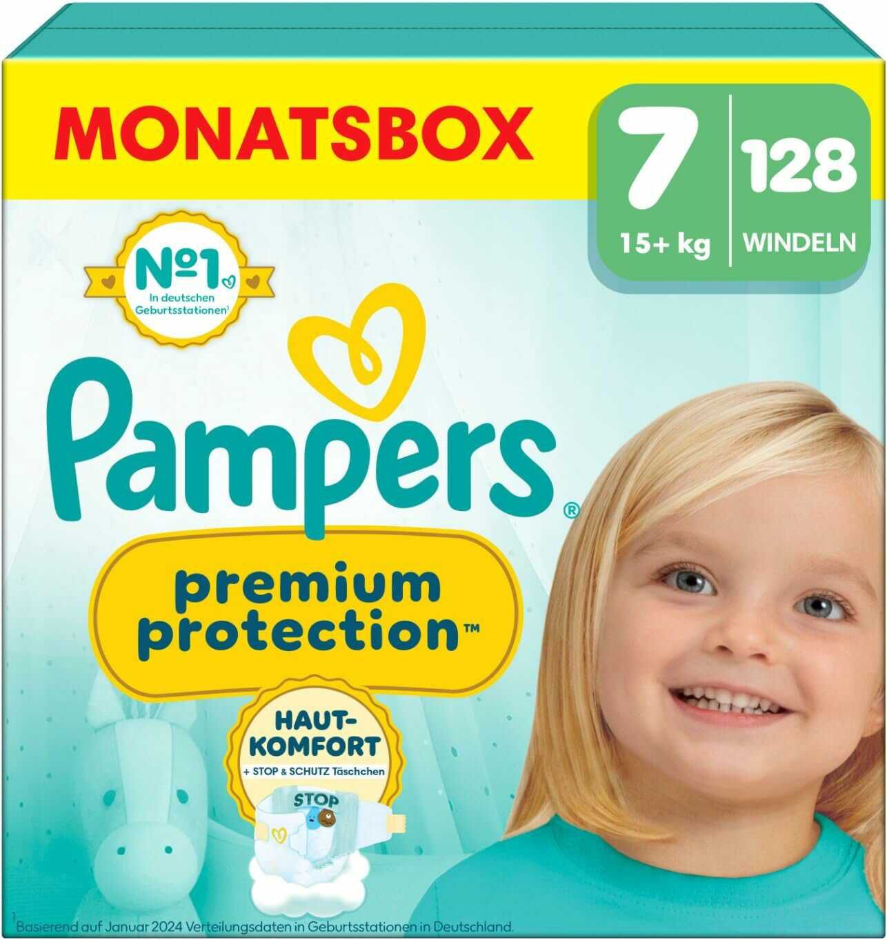 Pampers Premium Protection Größe 7 für Baby, 128 Windeln für Kinder, 15kg+, 42,04€ statt  54,99€