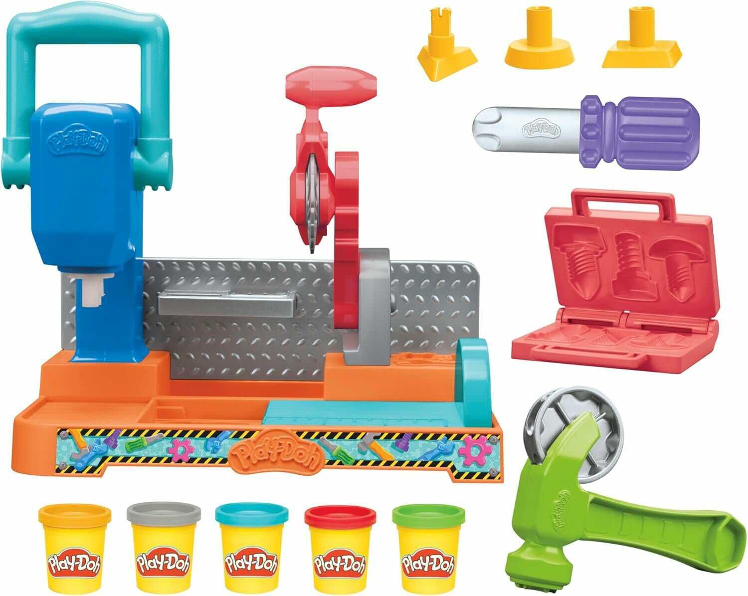 Play Doh Werkbank Spielset, 5 x 56 g Dosen Modelliermasse in bunten Farben, mit Kreissäge Spielzeug, Werkzeug und Stempel 13,49€ statt 17,58€