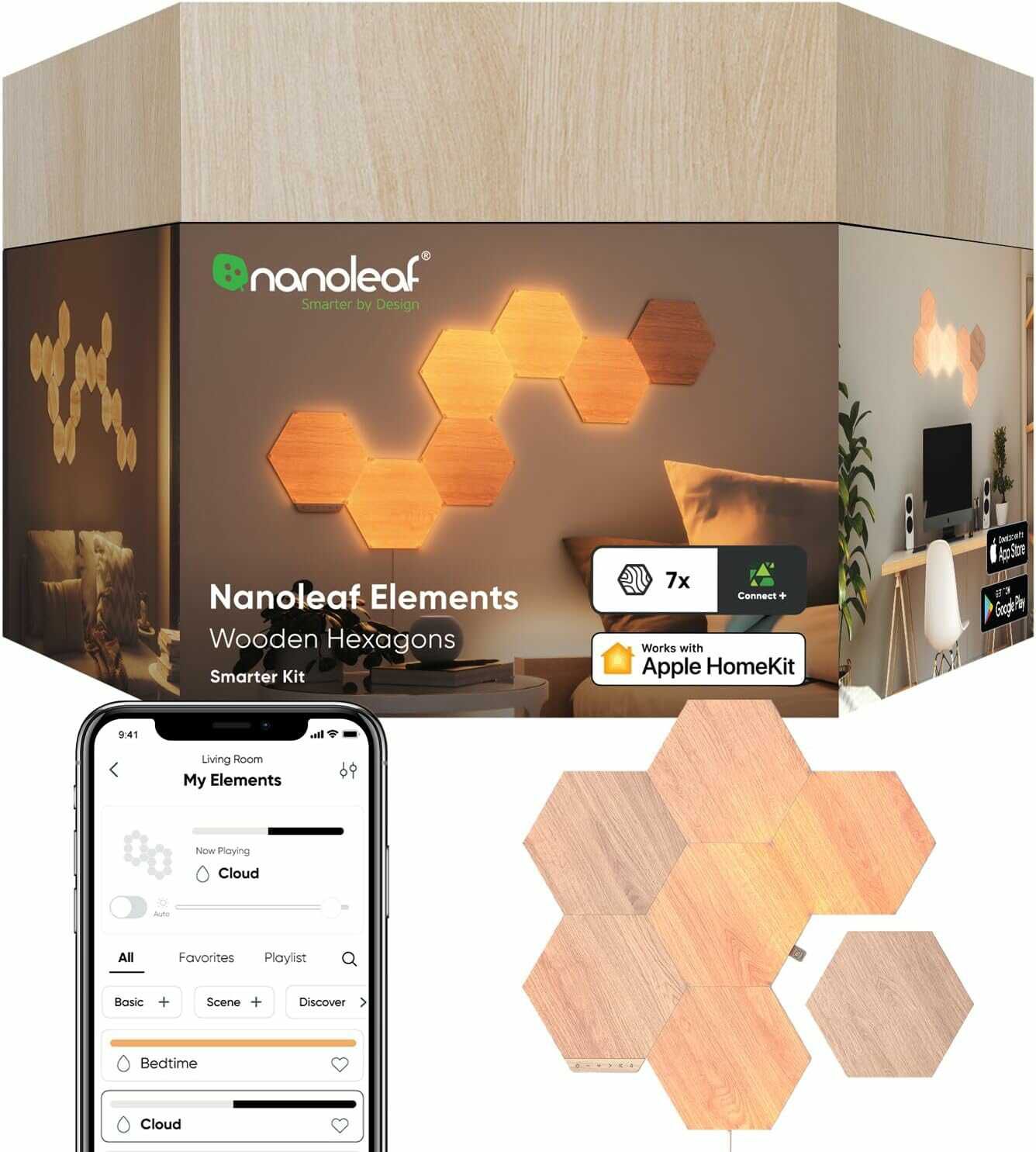 Nanoleaf Elements Hexagon Starter Kit, 7 Smarten Holzoptik LED Panels  Für 159,99€ PVG 188,55€
