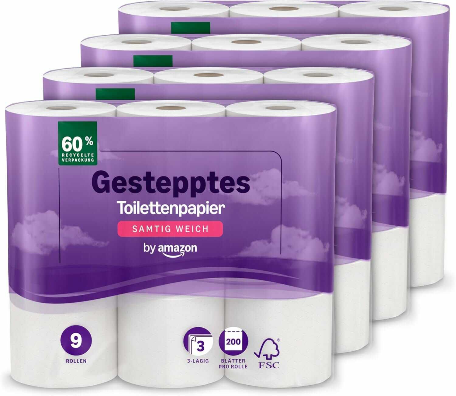 by Amazon Toilettenpapier, 3 lagig 9 Rollen, 4 er Pack 13,70€ statt  16,63€