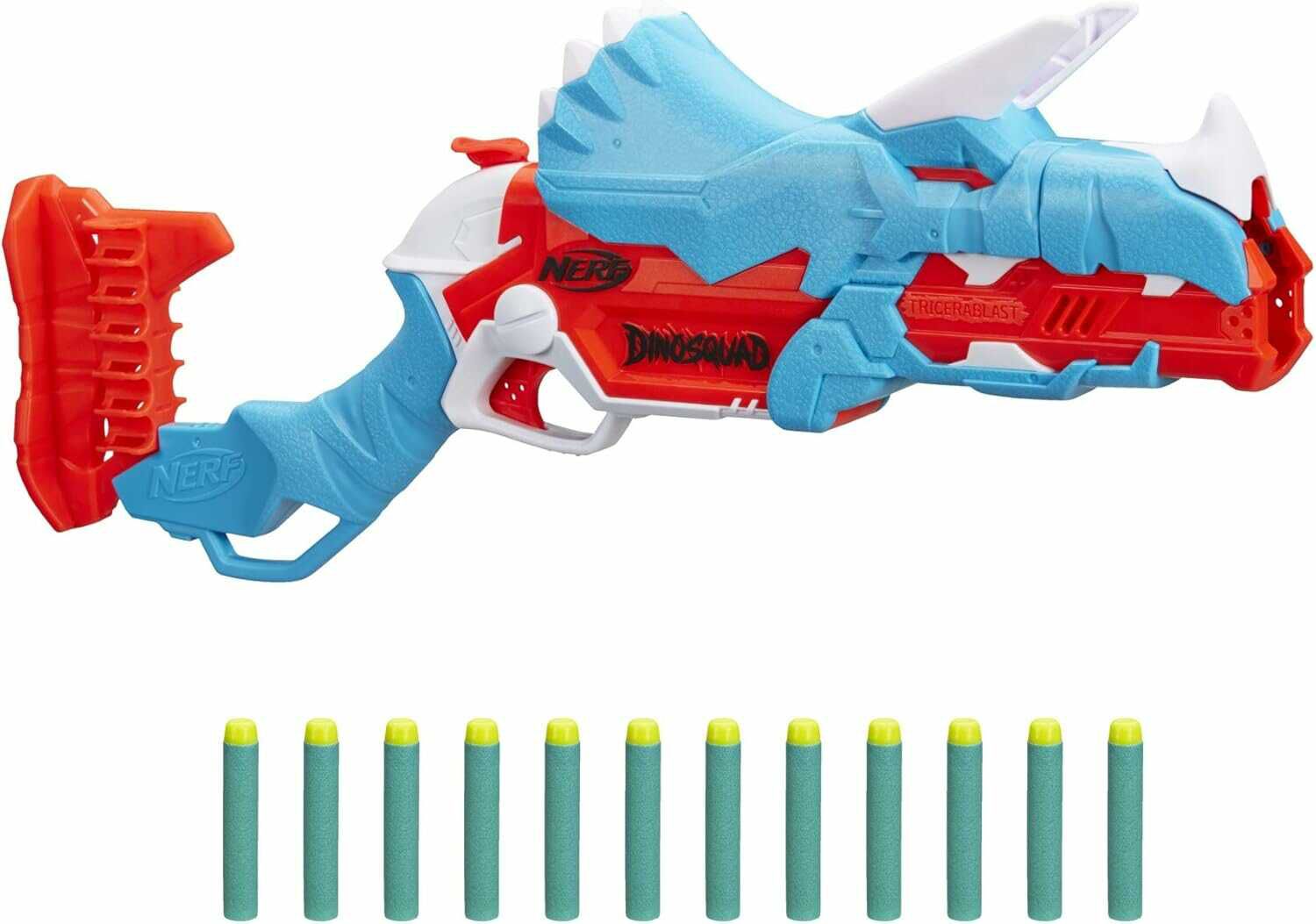 Nerf DinoSquad Tricera Blast Dart Blaster, aufklappbarer 3 Dart Lauf, 12 Nerf Darts für 14,00€ PVG 16,38€
