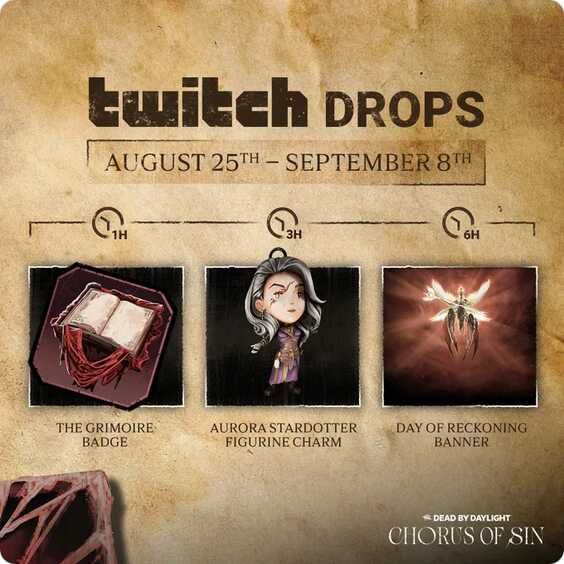 Twitch Drop | Dead by Daylight: Chorus of Sin (Abzeichen, Banner, Anhänger) Bis zum 08.09 | PC / Xbox / Playstation Twitch Drop | Dead by Daylight: Chorus of Sin (Abzeichen, Banner, Anhänger) Bis zum 08.09 | PC / Xbox / Playstation