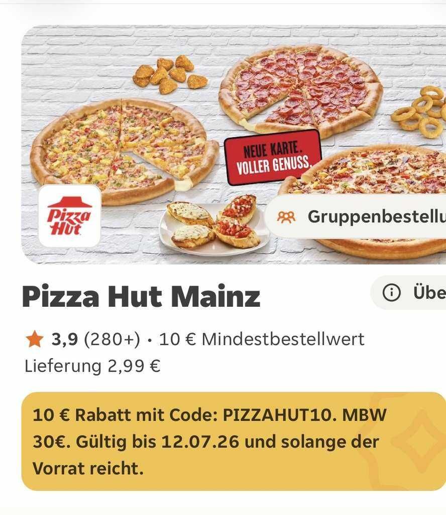 Lieferando Pizza Hut 10€ Rabatt ab 30€ MBW Lieferando Pizza Hut 10€ Rabatt ab 30€ MBW