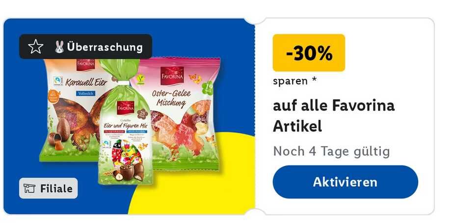 [LIDL Plus] 30% auf alle Favorina Osterartikel | einlösbar in den Filialen per LIDL Plus App | bis 4. April