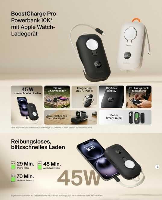 Belkin BoostCharge Pro Powerbank 10K (45W) mit Apple Watch Ladegerät (Schwarz und Sandfarben) je 76,49€ statt 89,99€