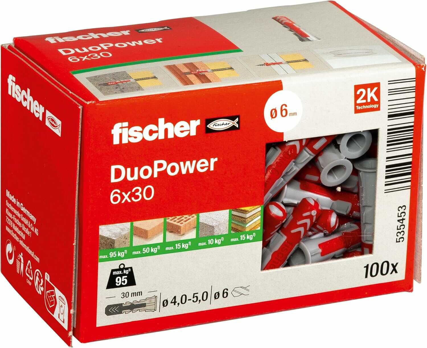 fischer DuoPower 6 x 30, Universaldübel, leistungsstarker 2 Komponenten Dübel, 100 Stück  Für 4,49€ PVG 4,85€