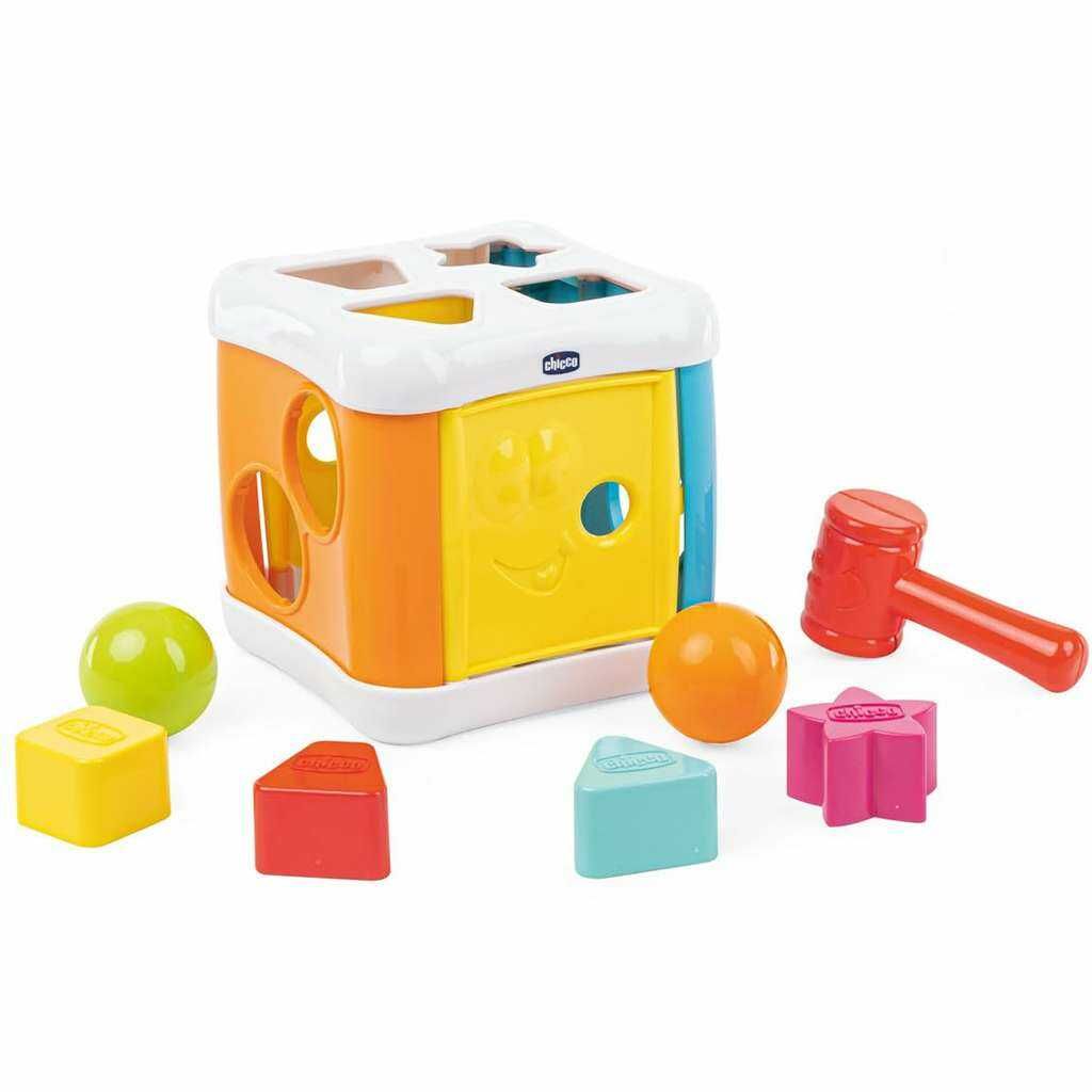 (Prime) Chicco 2 IN 1 SORTIER & SCHLAGWÜRFEL, Sortieraktivität mit 4 Formen auf Zwei Würfelseiten mit Hammer für 2 Kugel, bunt, 10M+