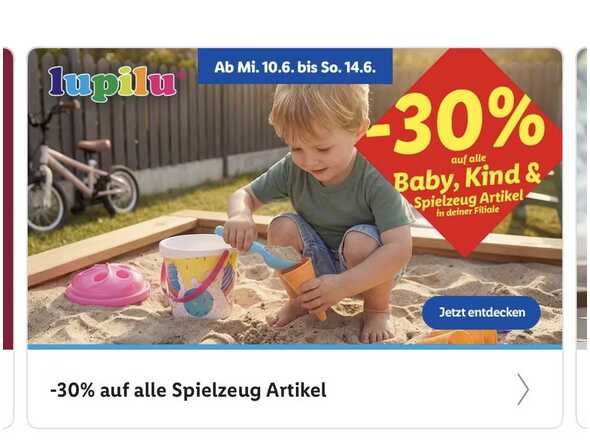 Lidl Plus: 30 % Rabatt auf alle Baby-, Kids- & Toys-Artikel bei Lidl (10.06.–14.06.) Lidl Plus: 30 % Rabatt auf alle Baby , Kids & Toys Artikel bei Lidl (10.06.–14.06.)