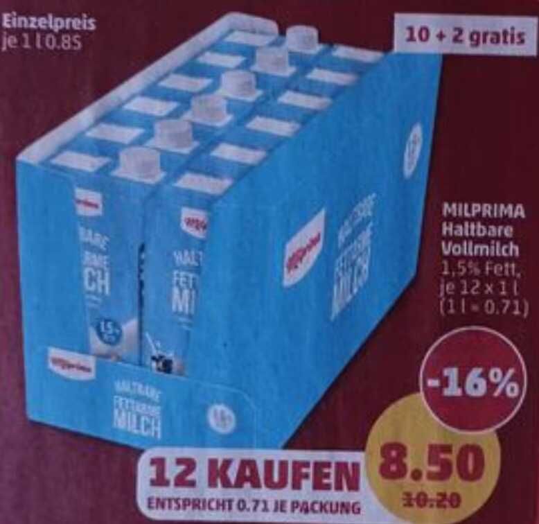 12 x halbare Milch, 1,5 % Fett, für 8,50 Euro (71 Cent /Liter) [Penny 10/11.04.]