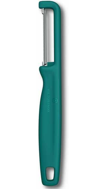 Victorinox Sparschäler Iota, Schäler für Gemüse, Obst, Zackenschliff, Zweischneidig, Extra Scharf, Swiss Made, grün   Bestpreis   Prime