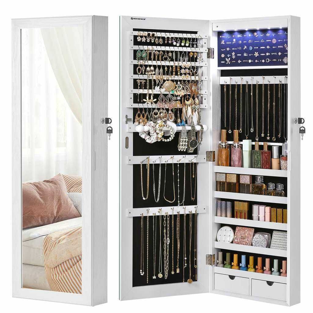 Prime) SONGMICS Schmuckschrank hängend, Wandspiegel, 6 LED-Glühbirnen, abschließbarer Spiegelschrank Prime) SONGMICS Schmuckschrank hängend, Wandspiegel, 6 LED Glühbirnen, abschließbarer Spiegelschrank