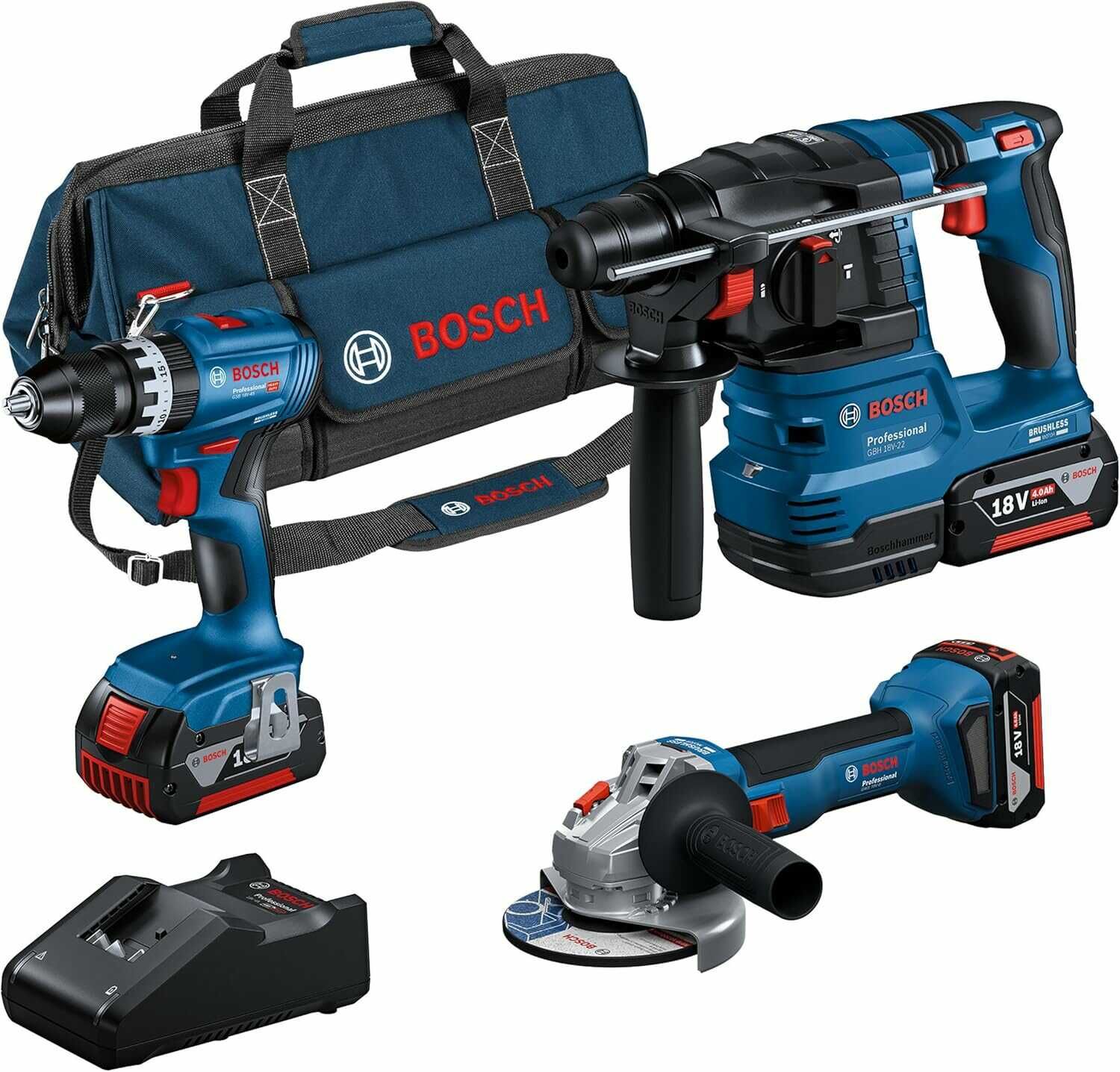 Bosch Professional 18V Set Combo Kit GBH 18V 22 + GWS 18V 8 + GSB 18V 45 + 3x4,0 AH Akku + GAL 18V 40 + Werkzeugtasche