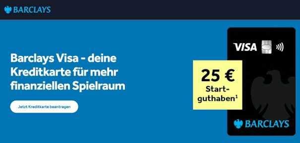 Jetzt  höhere Prämie  Barclays Visa mit 25€ Startguthaben – kostenlose Kreditkarte, mobiles Zahlen mit Apple & Google Pay