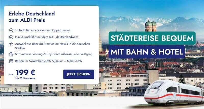 Für 2 Personen   Deutschlandweit Hin  und Rückfahrt im ICE + Hotelübernachtung