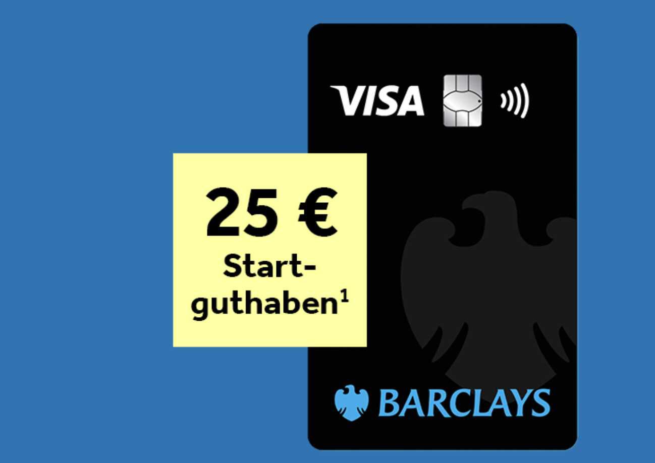 Jetzt höhere Prämie  Barclays Visa mit 25€ Startguthaben – kostenlose Kreditkarte, mobiles Zahlen mit Apple & Google Pay