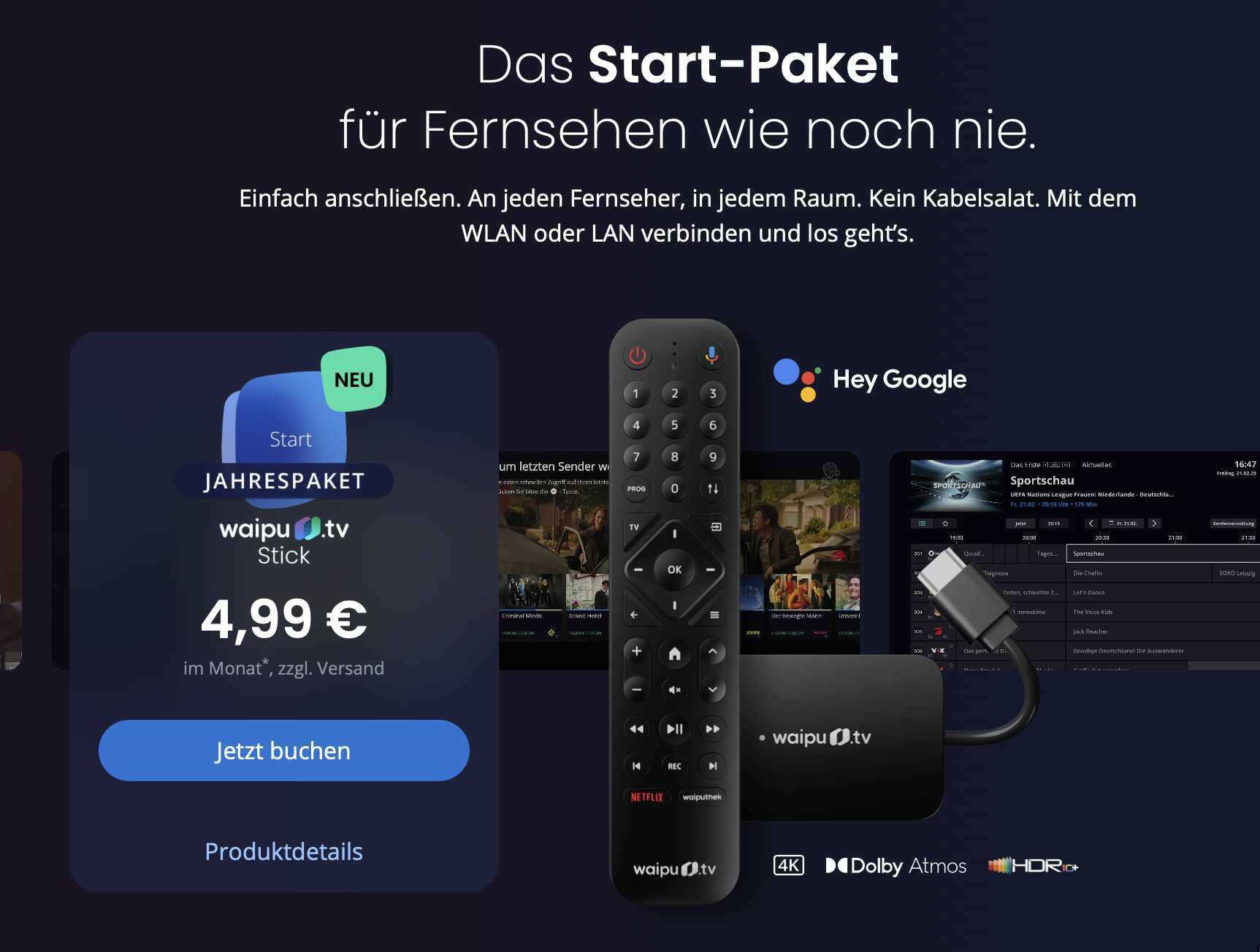 NEU!  Waipu.tv Startpaket: waipu.tv Stick (2. Gen) + 1 Jahr über 240 TV Sender für 4,99€ monatlich
