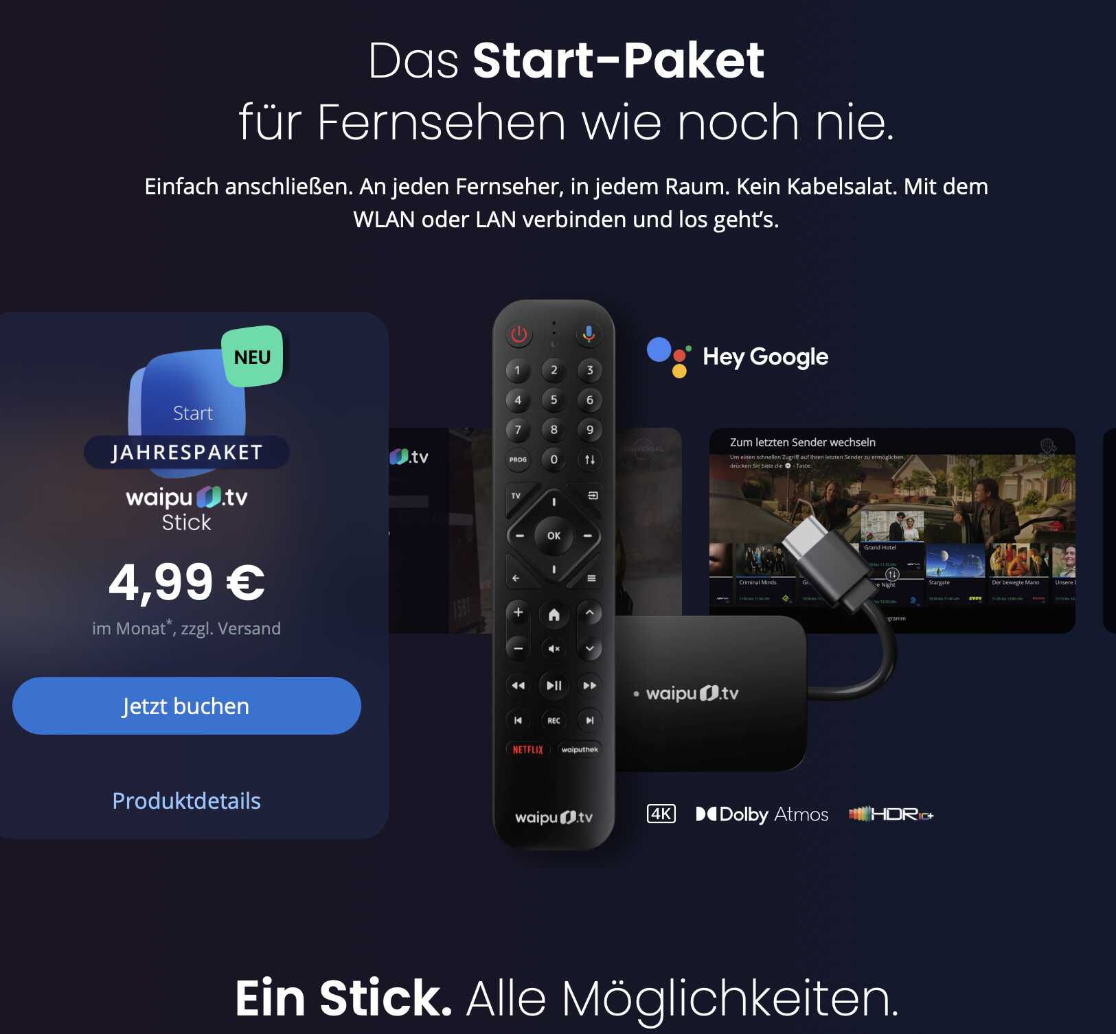 Waipu.tv Startpaket: waipu.tv Stick (2. Gen) + 1 Jahr über 240 TV Sender für 4,99€ monatlich