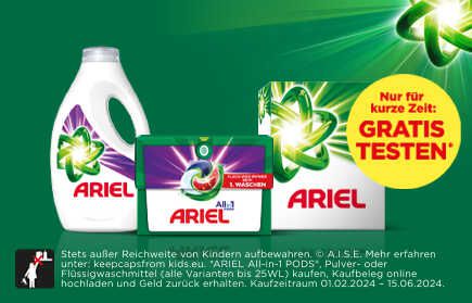 Gratis: Ariel Waschpulver, Flüssigwaschmittel & All in 1 Pods kostenlos testen