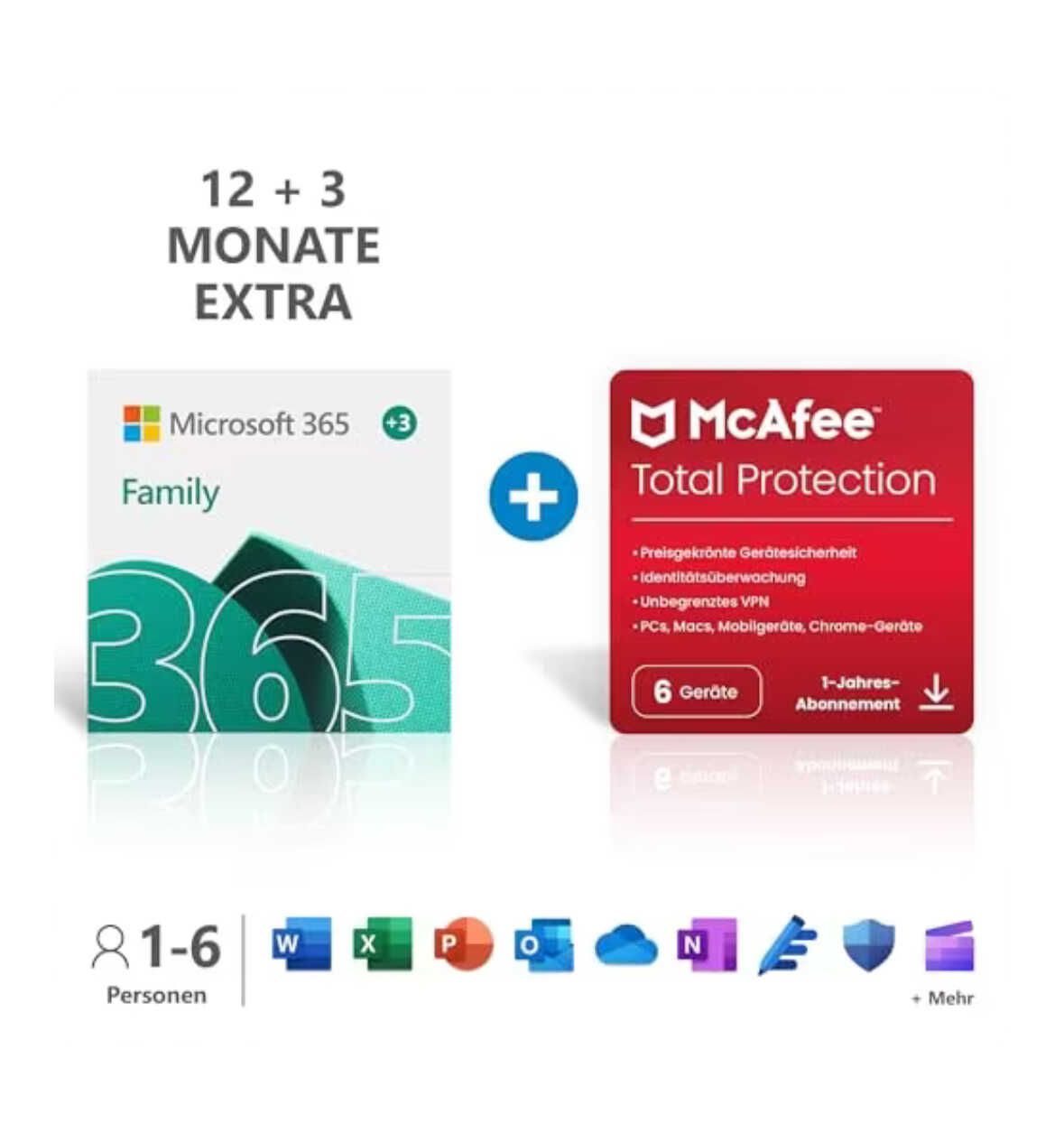 Microsoft 365 Family + McAfee/Norton für 15 Monate  für 53,99€ PVG 68,98€